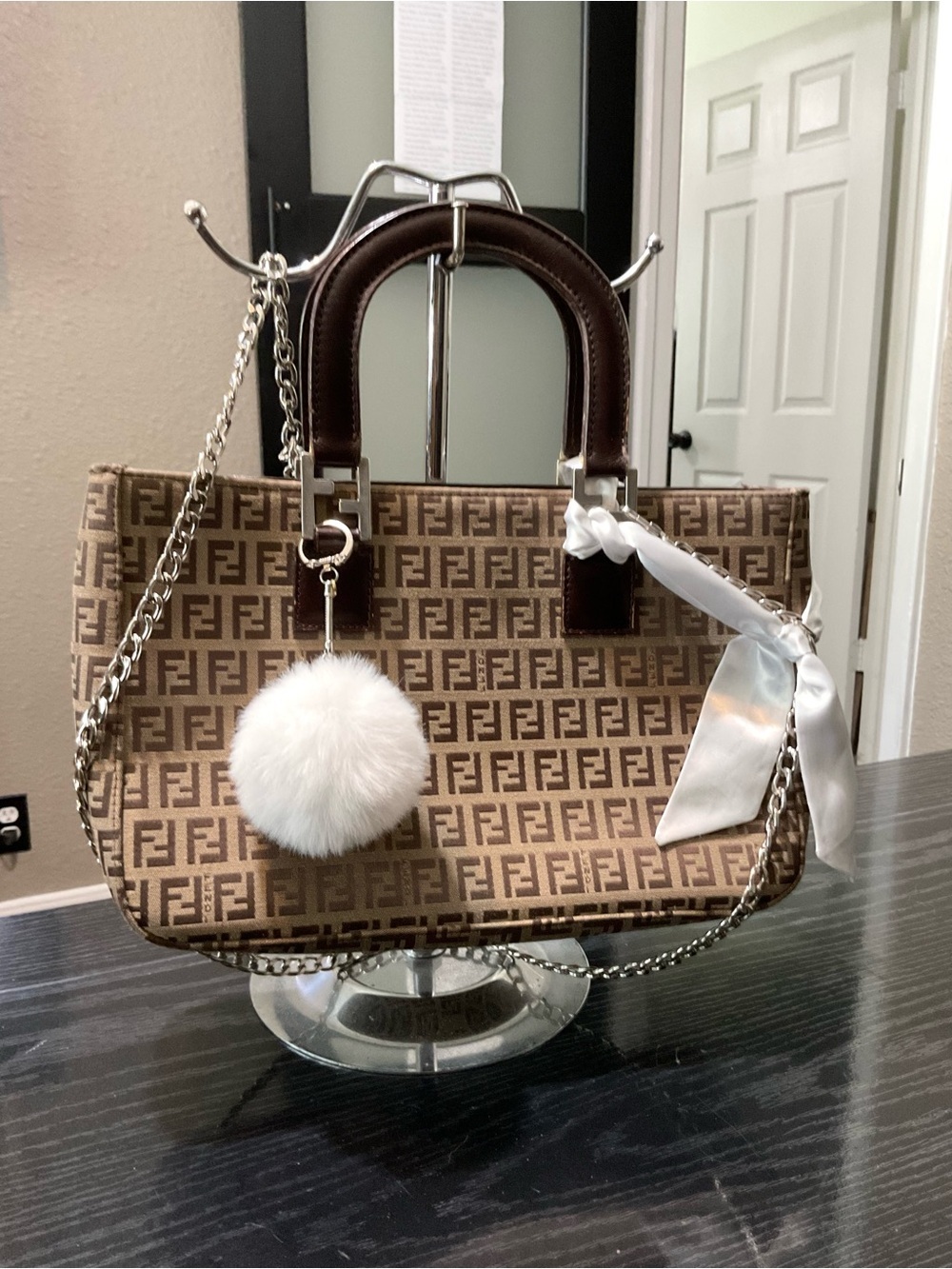 Fendi Brown FF Logo Canvas Satchel with Chain Strap